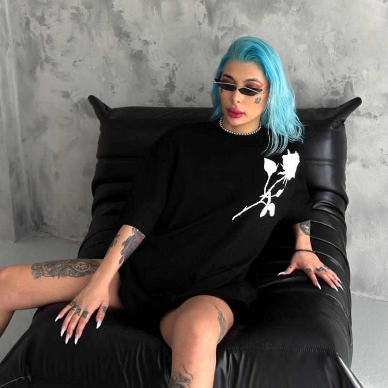 Bisiklet Yaka Baskılı Oversize T-Shirt - Siyah -