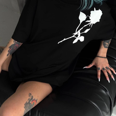 Bisiklet Yaka Baskılı Oversize T-Shirt - Siyah -