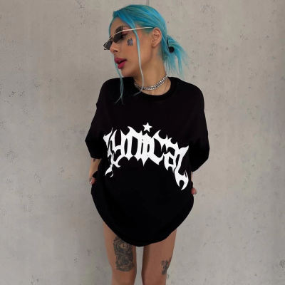 Bisiklet Yaka Baskılı Oversize T-Shirt - Siyah -