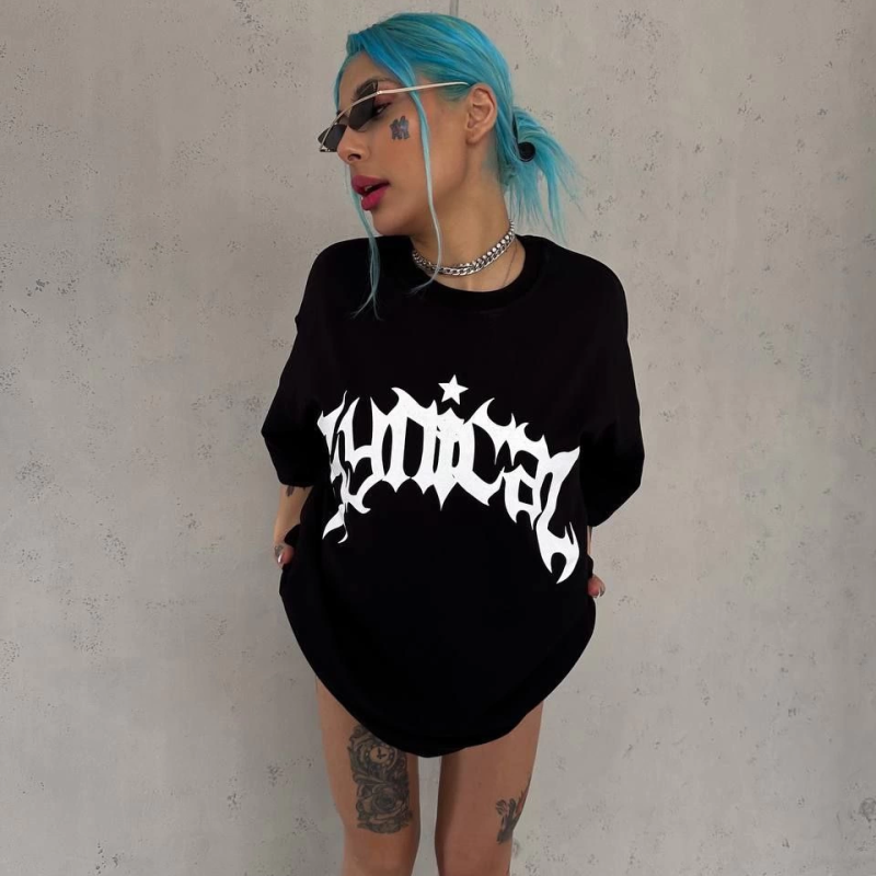 Bisiklet Yaka Baskılı Oversize T-Shirt - Siyah -