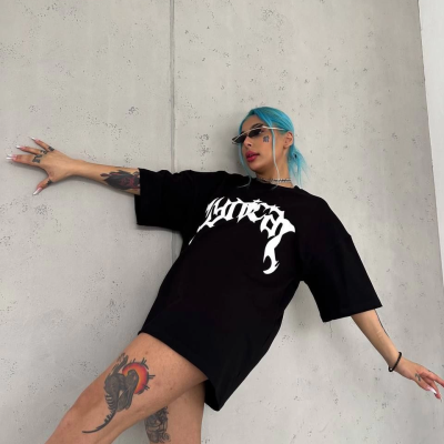 Bisiklet Yaka Baskılı Oversize T-Shirt - Siyah -