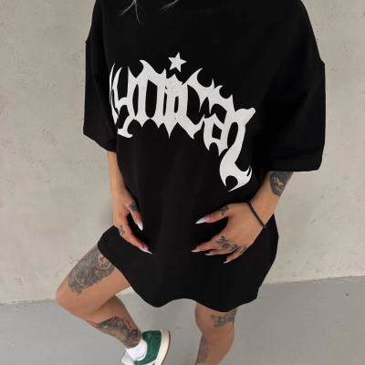 Bisiklet Yaka Baskılı Oversize T-Shirt - Siyah -