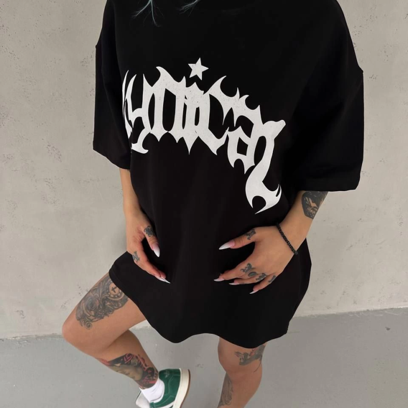 Bisiklet Yaka Baskılı Oversize T-Shirt - Siyah -