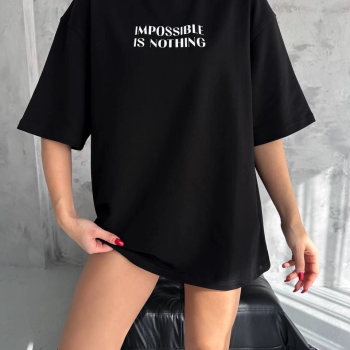 Bisiklet Yaka Baskılı Oversize T-Shirt - Siyah -