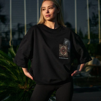 Bisiklet Yaka Baskılı Oversize T-Shirt - Siyah -