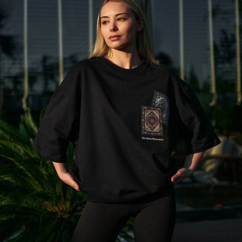 Bisiklet Yaka Baskılı Oversize T-Shirt - Siyah -