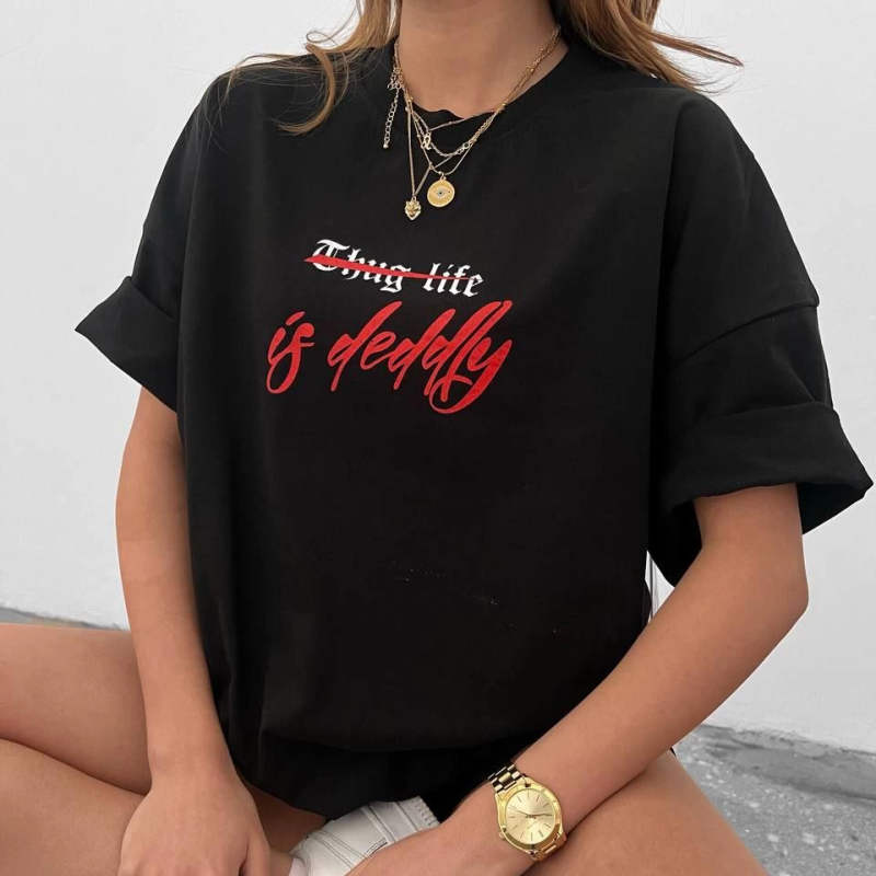 Bisiklet Yaka Baskılı Oversize T-Shirt - Siyah -