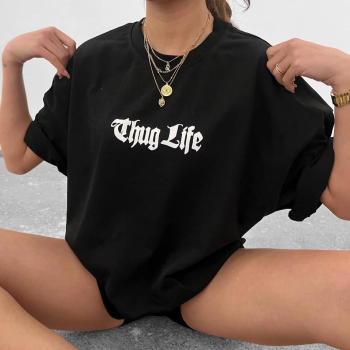 Bisiklet Yaka Baskılı Oversize T-Shirt - Siyah -