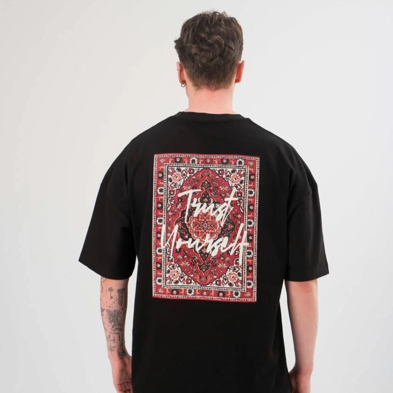 Bisiklet Yaka Baskılı Oversize T-Shirt - Siyah -