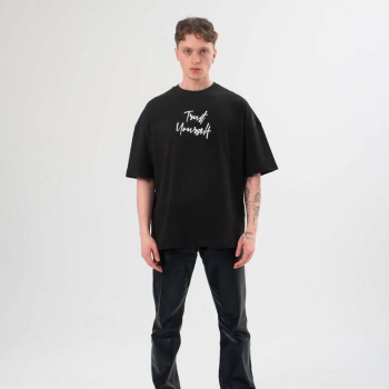 Bisiklet Yaka Baskılı Oversize T-Shirt - Siyah -