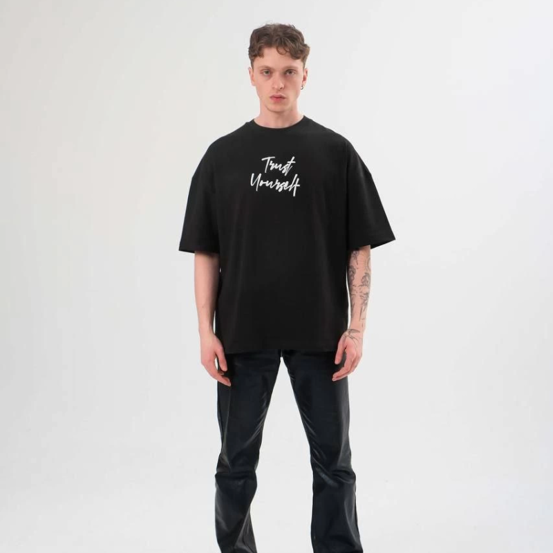 Bisiklet Yaka Baskılı Oversize T-Shirt - Siyah -