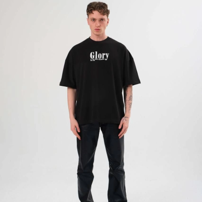 Bisiklet Yaka Baskılı Oversize T-Shirt - Siyah -