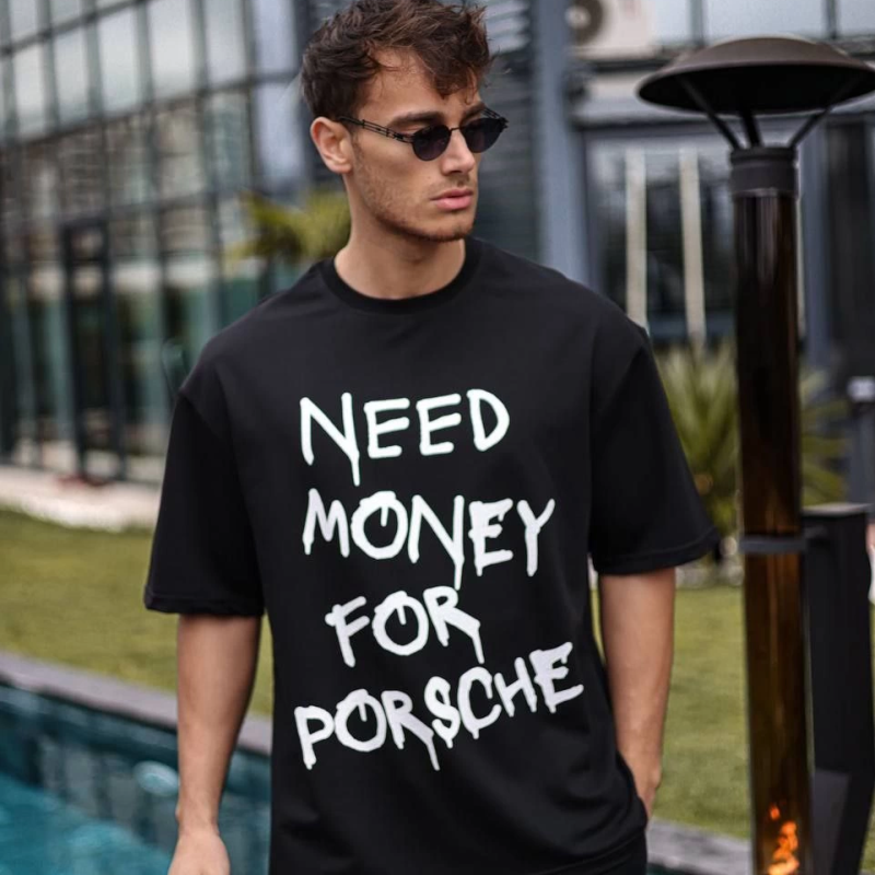 Bisiklet Yaka Baskılı Oversize T-Shirt - Siyah