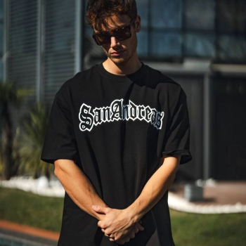 Bisiklet Yaka Baskılı Oversize T-Shirt - Siyah -