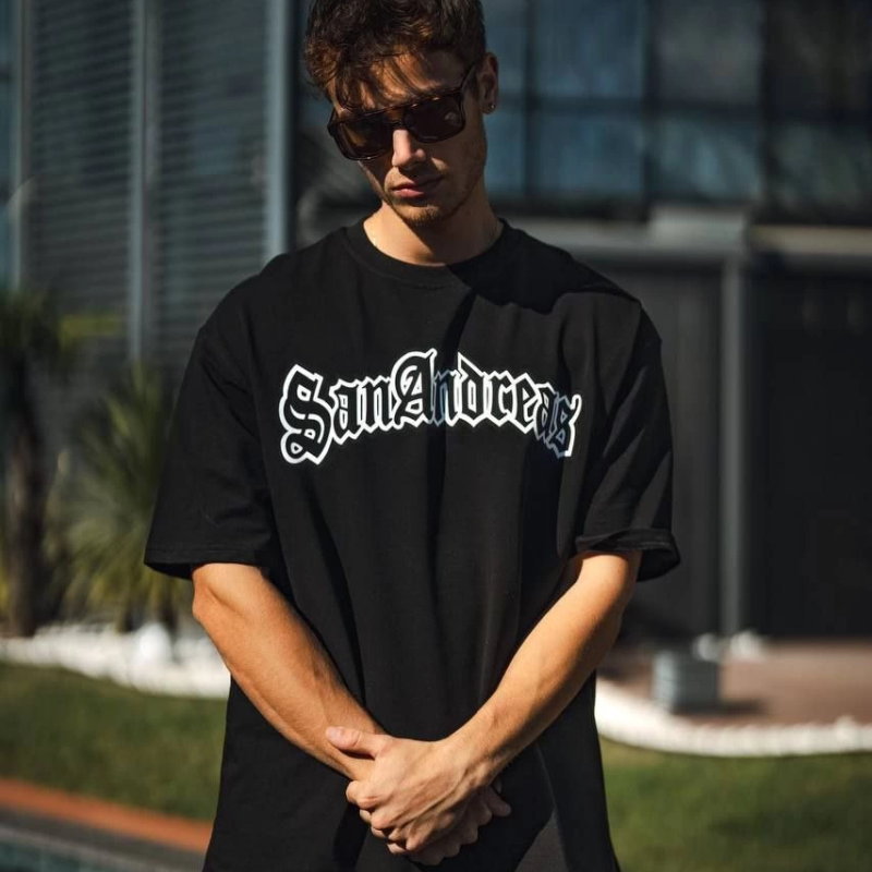 Bisiklet Yaka Baskılı Oversize T-Shirt - Siyah -