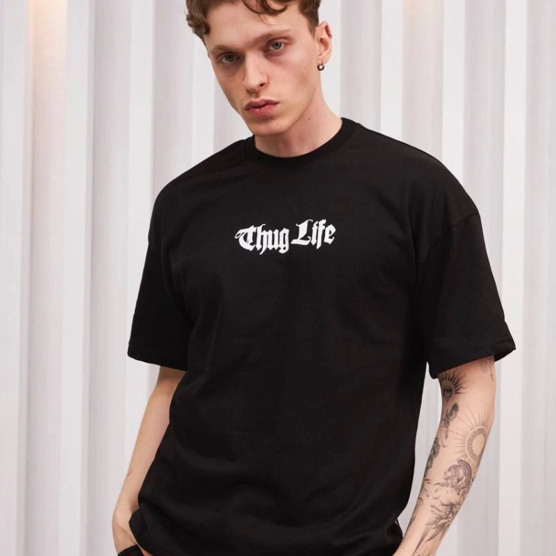 Bisiklet Yaka Baskılı Oversize T-Shirt - Siyah -