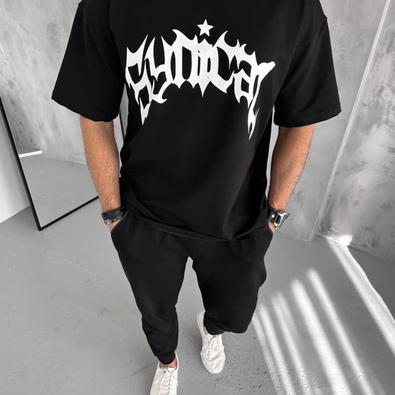 Bisiklet Yaka Baskılı Oversize T-Shirt - Siyah -