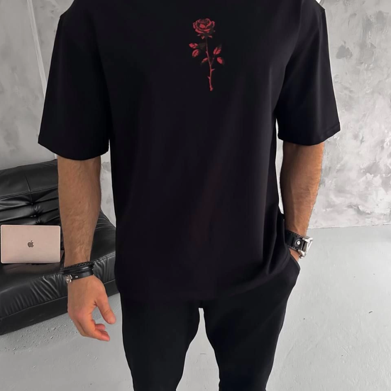 Bisiklet Yaka Baskılı Oversize T-Shirt - Siyah -