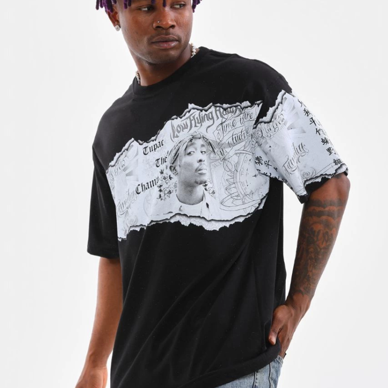 Bisiklet Yaka Baskılı Oversize T-Shirt - Siyah -