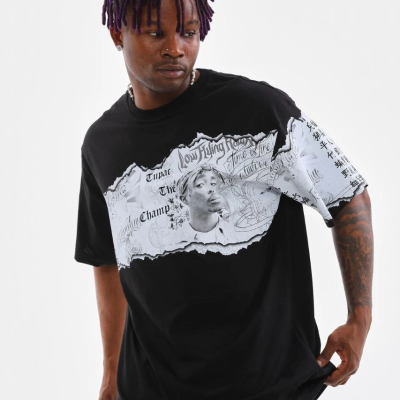 Bisiklet Yaka Baskılı Oversize T-Shirt - Siyah -