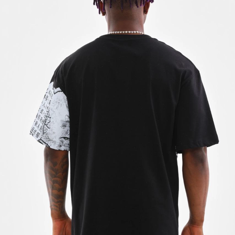 Bisiklet Yaka Baskılı Oversize T-Shirt - Siyah -