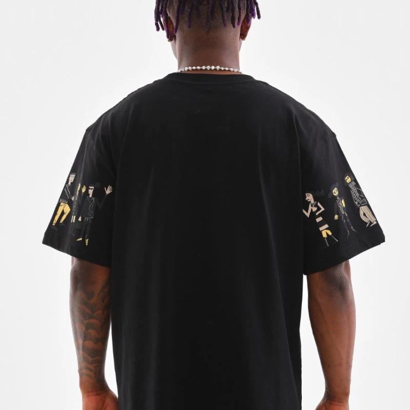 Bisiklet Yaka Baskılı Oversize T-Shirt - Siyah -