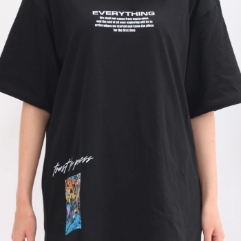 Bisiklet Yaka Baskılı Oversize T-Shirt - Siyah -