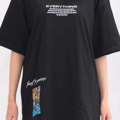 Bisiklet Yaka Baskılı Oversize T-Shirt - Siyah -