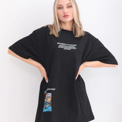 Bisiklet Yaka Baskılı Oversize T-Shirt - Siyah -