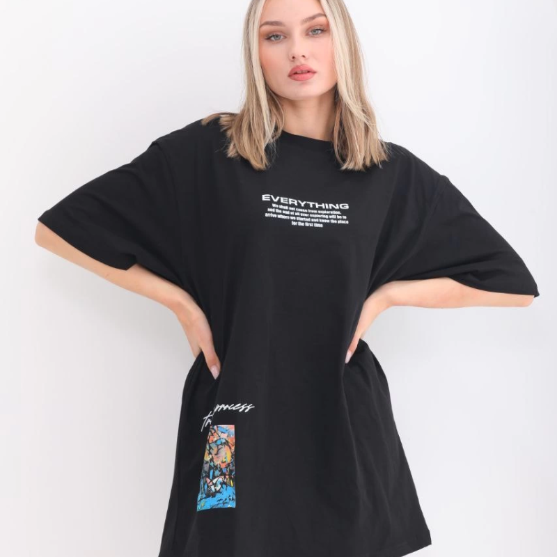 Bisiklet Yaka Baskılı Oversize T-Shirt - Siyah -