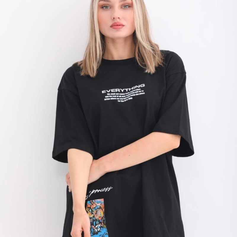 Bisiklet Yaka Baskılı Oversize T-Shirt - Siyah -
