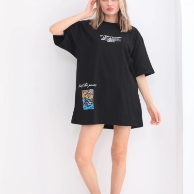 Bisiklet Yaka Baskılı Oversize T-Shirt - Siyah -