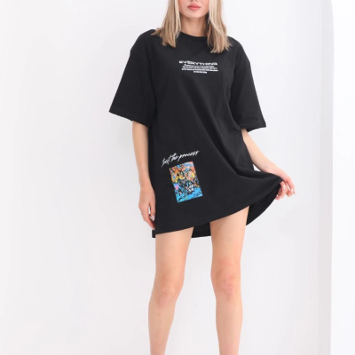 Bisiklet Yaka Baskılı Oversize T-Shirt - Siyah -