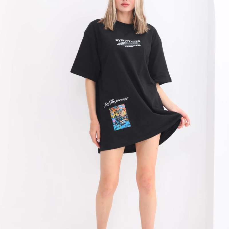 Bisiklet Yaka Baskılı Oversize T-Shirt - Siyah -