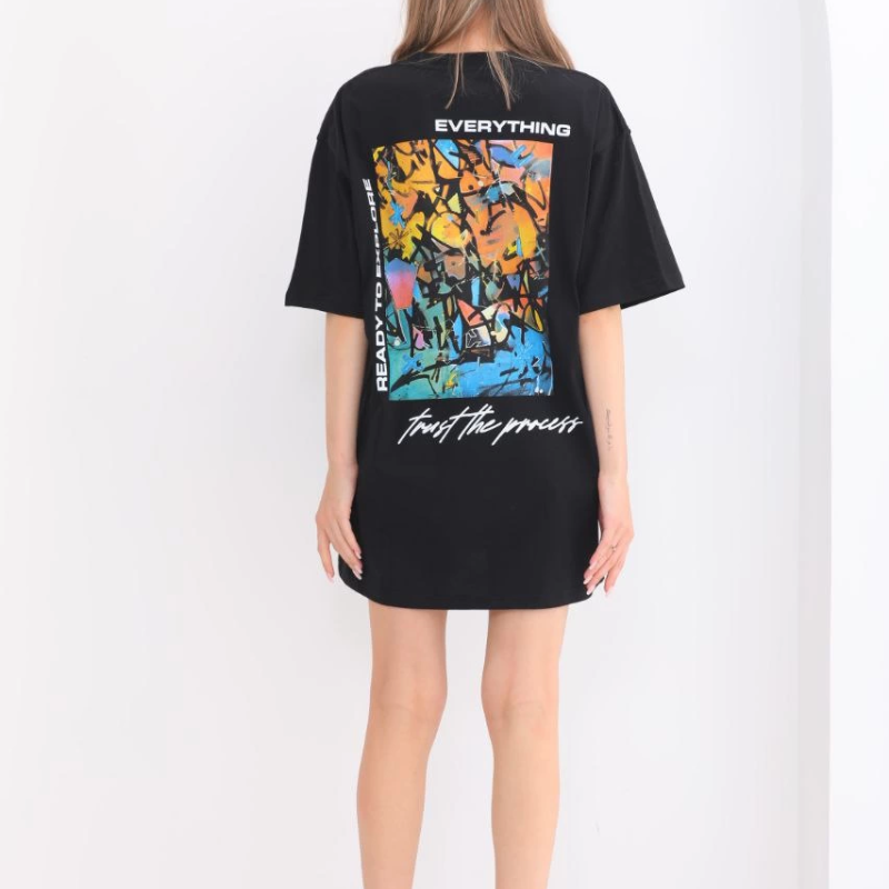 Bisiklet Yaka Baskılı Oversize T-Shirt - Siyah -