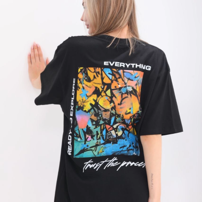 Bisiklet Yaka Baskılı Oversize T-Shirt - Siyah -