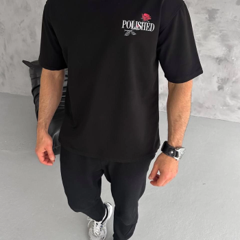 Bisiklet Yaka Baskılı Oversize T-Shirt - Siyah