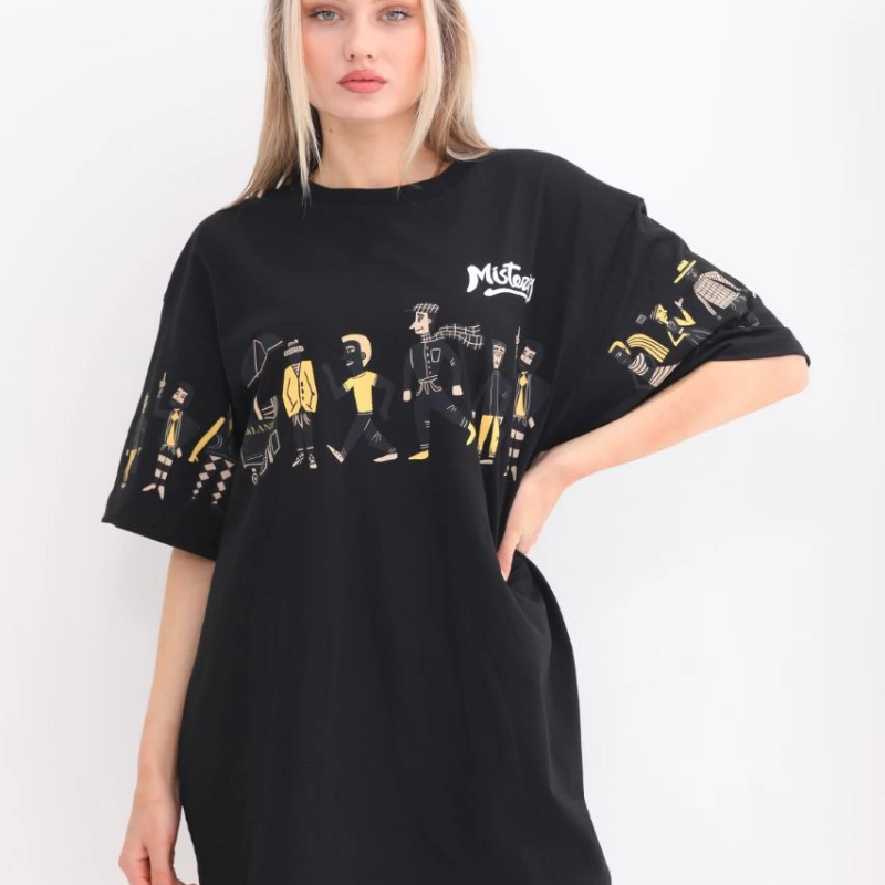 Bisiklet Yaka Baskılı Oversize T-Shirt - Siyah -