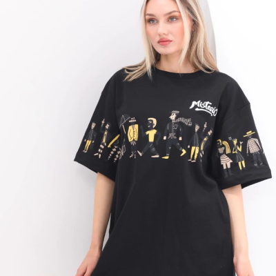 Bisiklet Yaka Baskılı Oversize T-Shirt - Siyah -