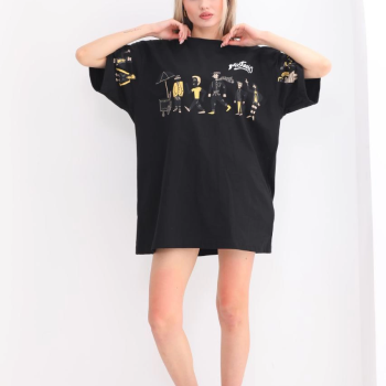 Bisiklet Yaka Baskılı Oversize T-Shirt - Siyah -