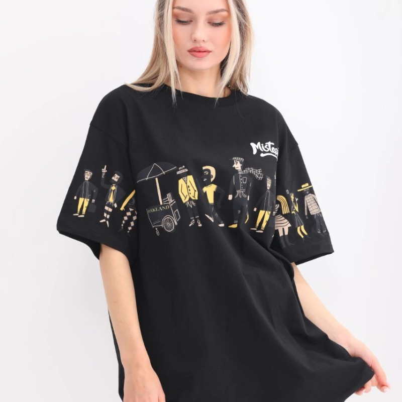 Bisiklet Yaka Baskılı Oversize T-Shirt - Siyah -