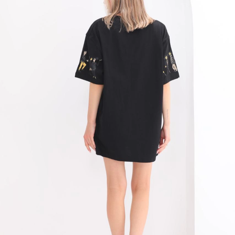 Bisiklet Yaka Baskılı Oversize T-Shirt - Siyah -