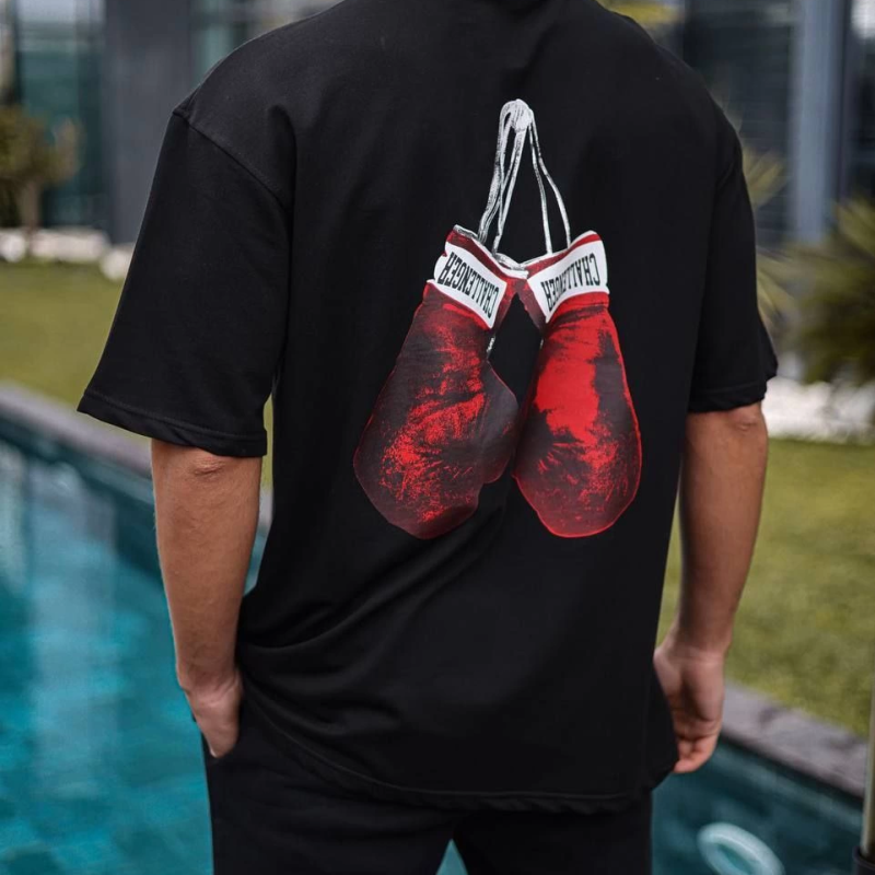 Bisiklet Yaka Baskılı Oversize T-Shirt - Siyah -