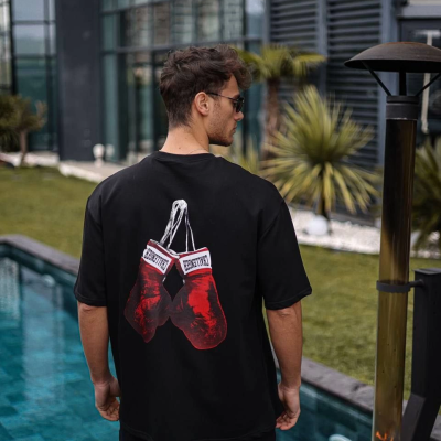 Bisiklet Yaka Baskılı Oversize T-Shirt - Siyah -