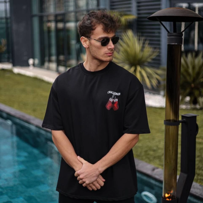 Bisiklet Yaka Baskılı Oversize T-Shirt - Siyah -