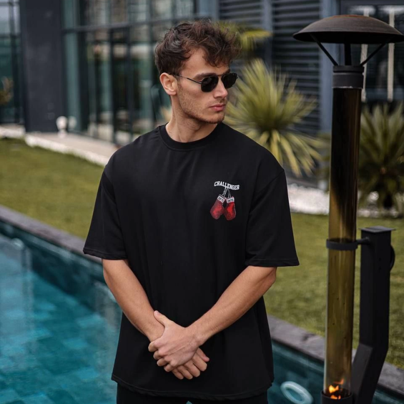 Bisiklet Yaka Baskılı Oversize T-Shirt - Siyah -