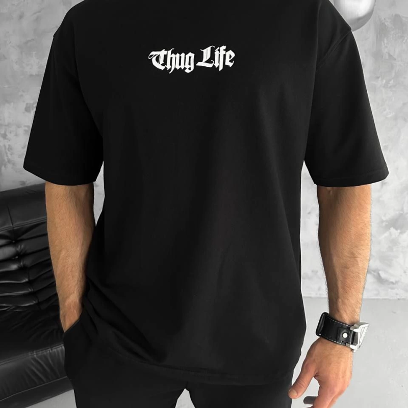 Bisiklet Yaka Baskılı Oversize T-Shirt - Siyah -