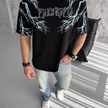 Bisiklet Yaka Baskılı Oversize T-Shirt-Siyah