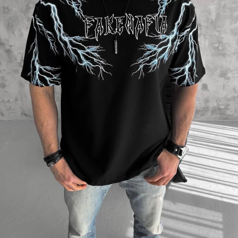 Bisiklet Yaka Baskılı Oversize T-Shirt-Siyah