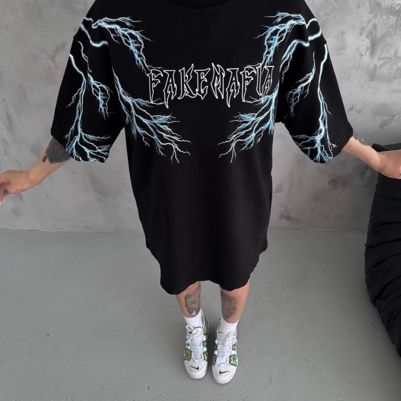 Bisiklet Yaka Baskılı Oversize T-Shirt - Siyah